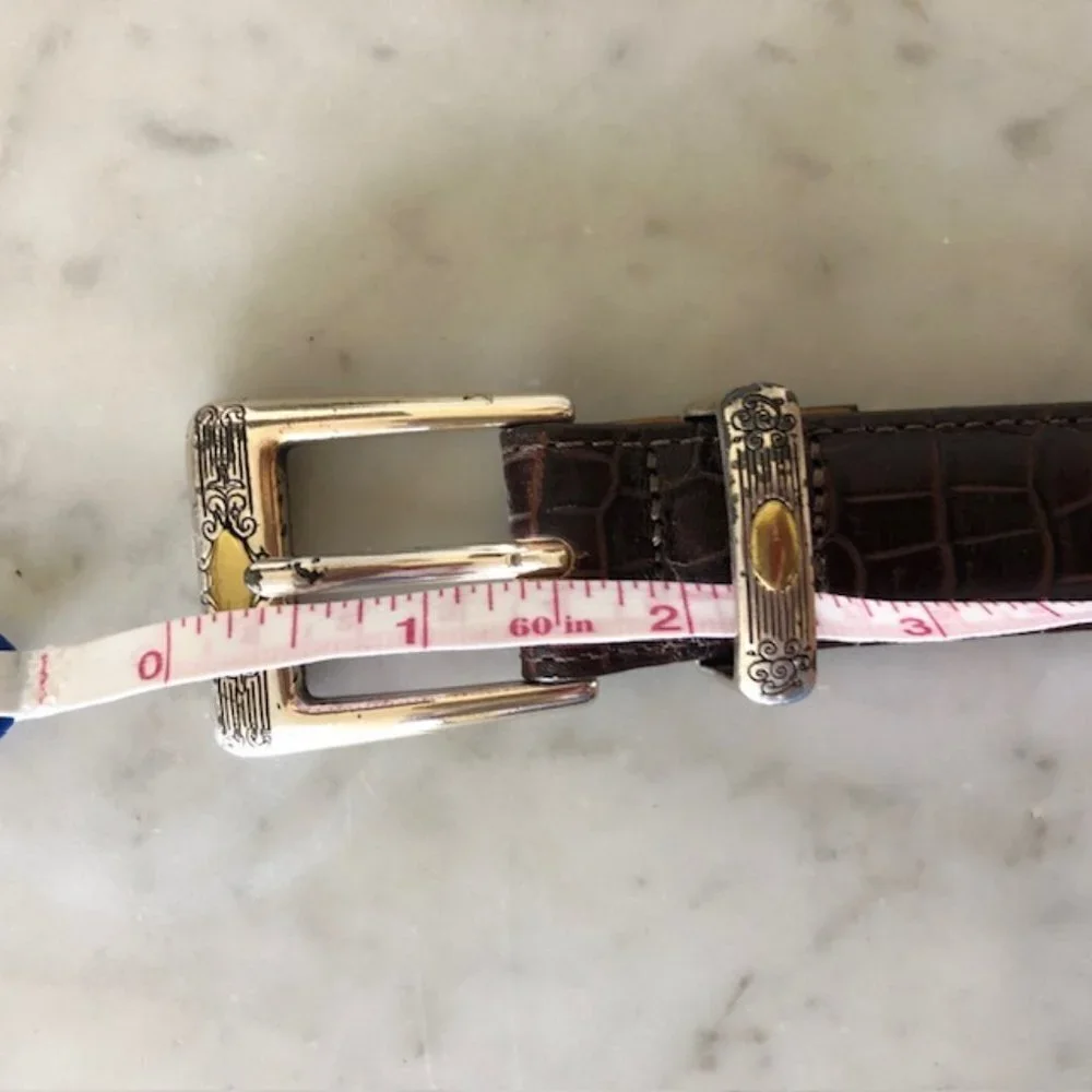 TALBOTS Crocodile Print Brown Western Silver Scroll Buckle Belt Large